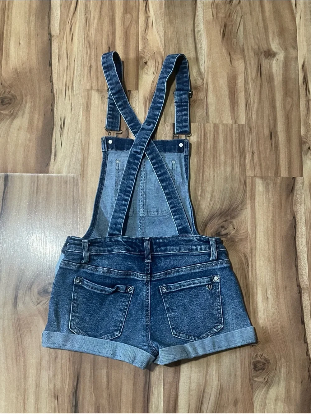 WallFlower Juniors Criss Cross Back Denim Overall Shorts Medium Blue Sz S